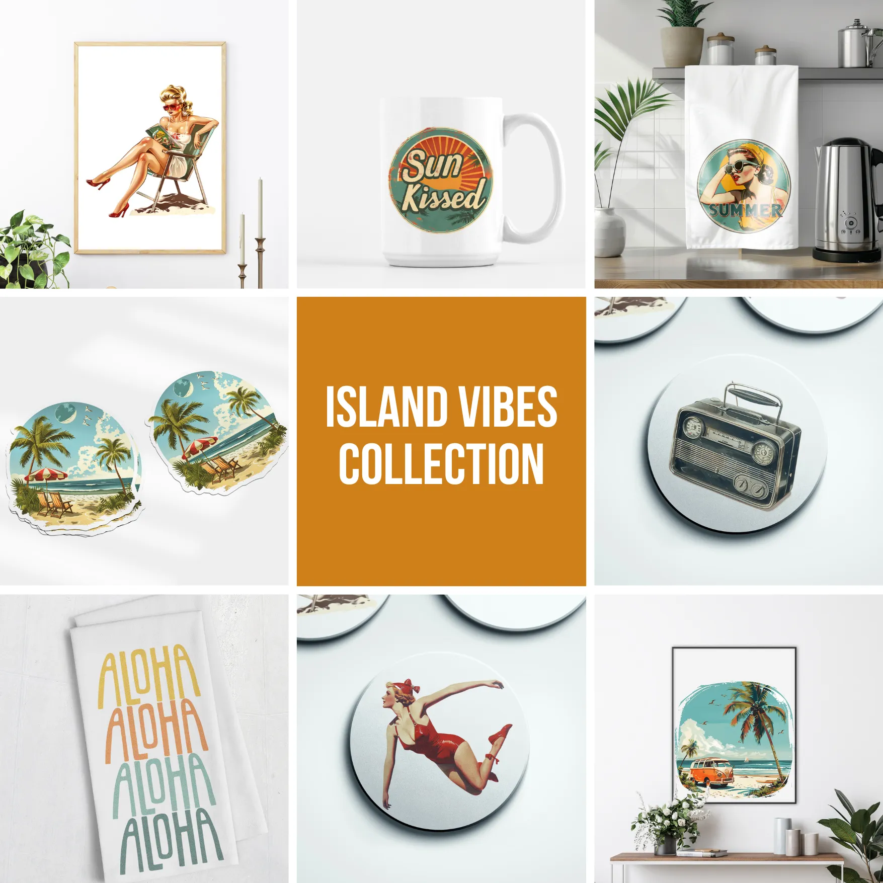 Vintage Island Vibes Summer Art Print – Retro Pin-Up Girl in Yellow Swimsuit, Multiple Sizes & Framing Options | Vintage Island Vibes Collection