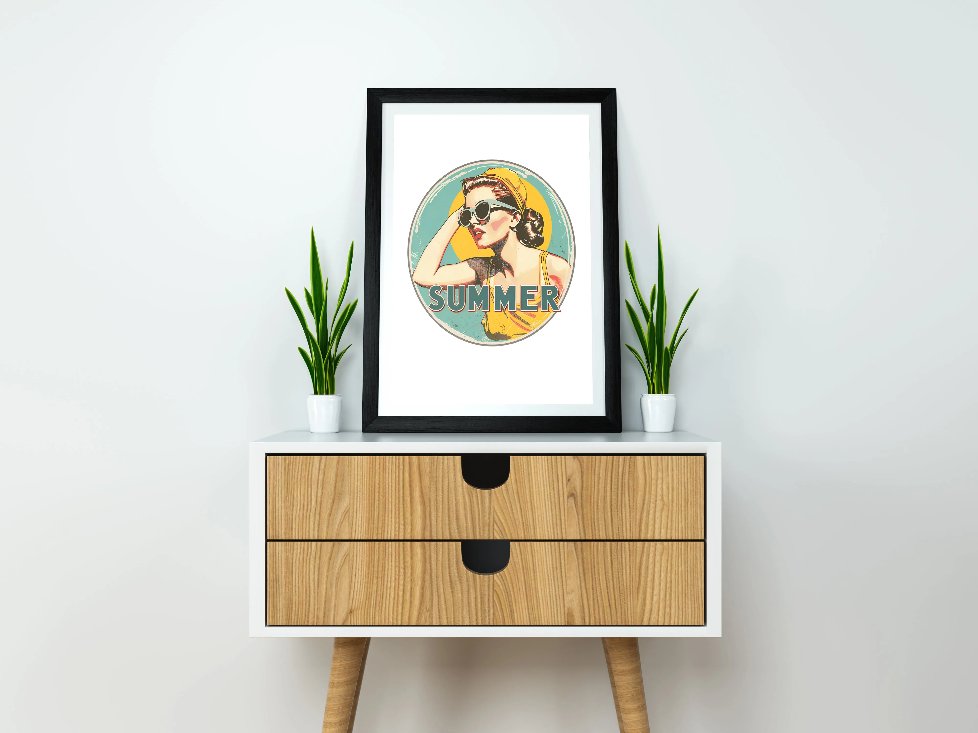 Vintage Island Vibes Summer Art Print – Retro Pin-Up Girl in Yellow Swimsuit, Multiple Sizes & Framing Options | Vintage Island Vibes Collection