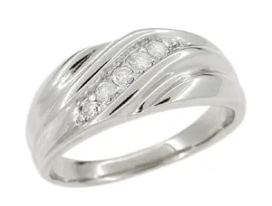 Vintage Retro Moderne Men's Diamond Set Wave Ring in 14 Karat White Gold