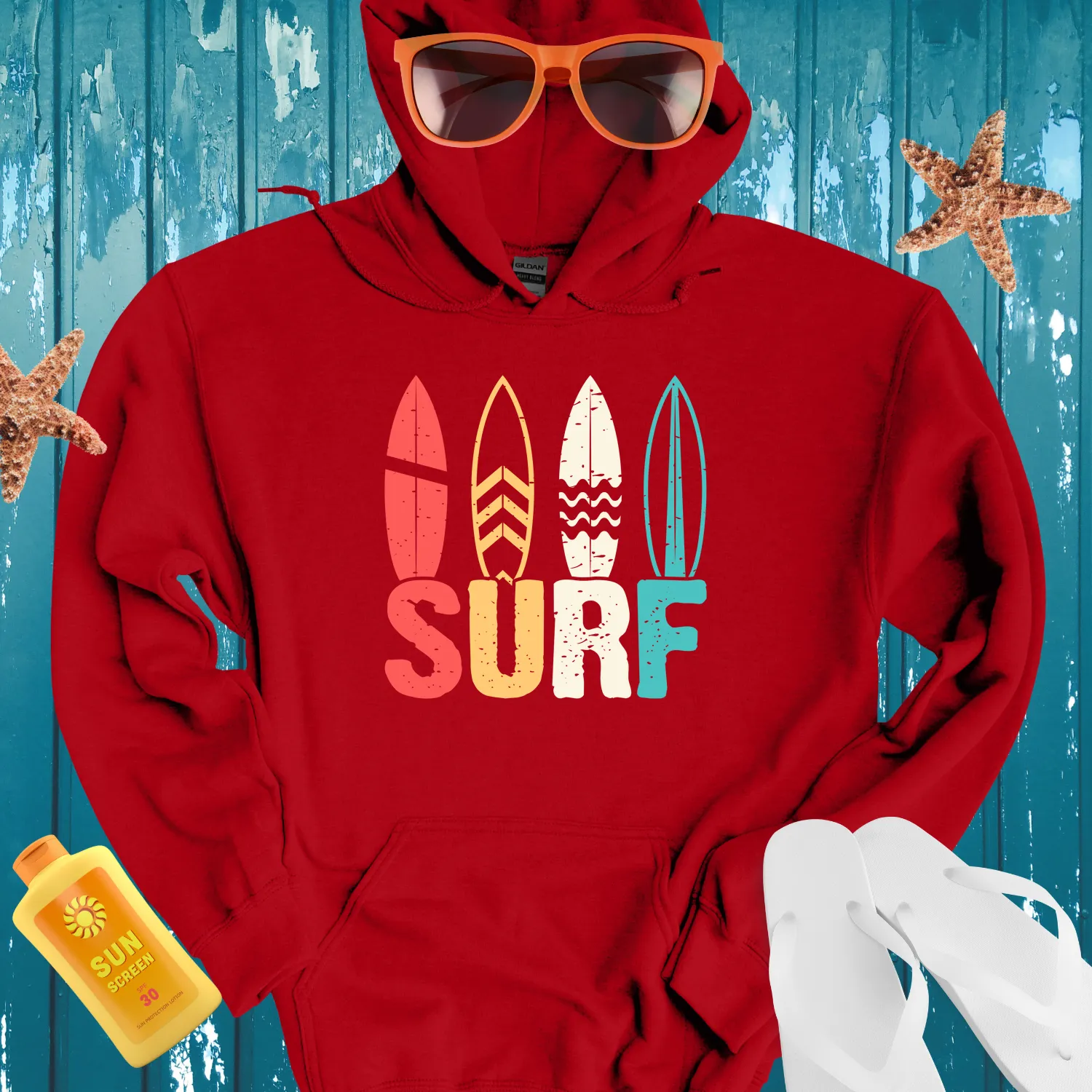 Vintage Surfboard Pattern Hoodie For Beach Lovers