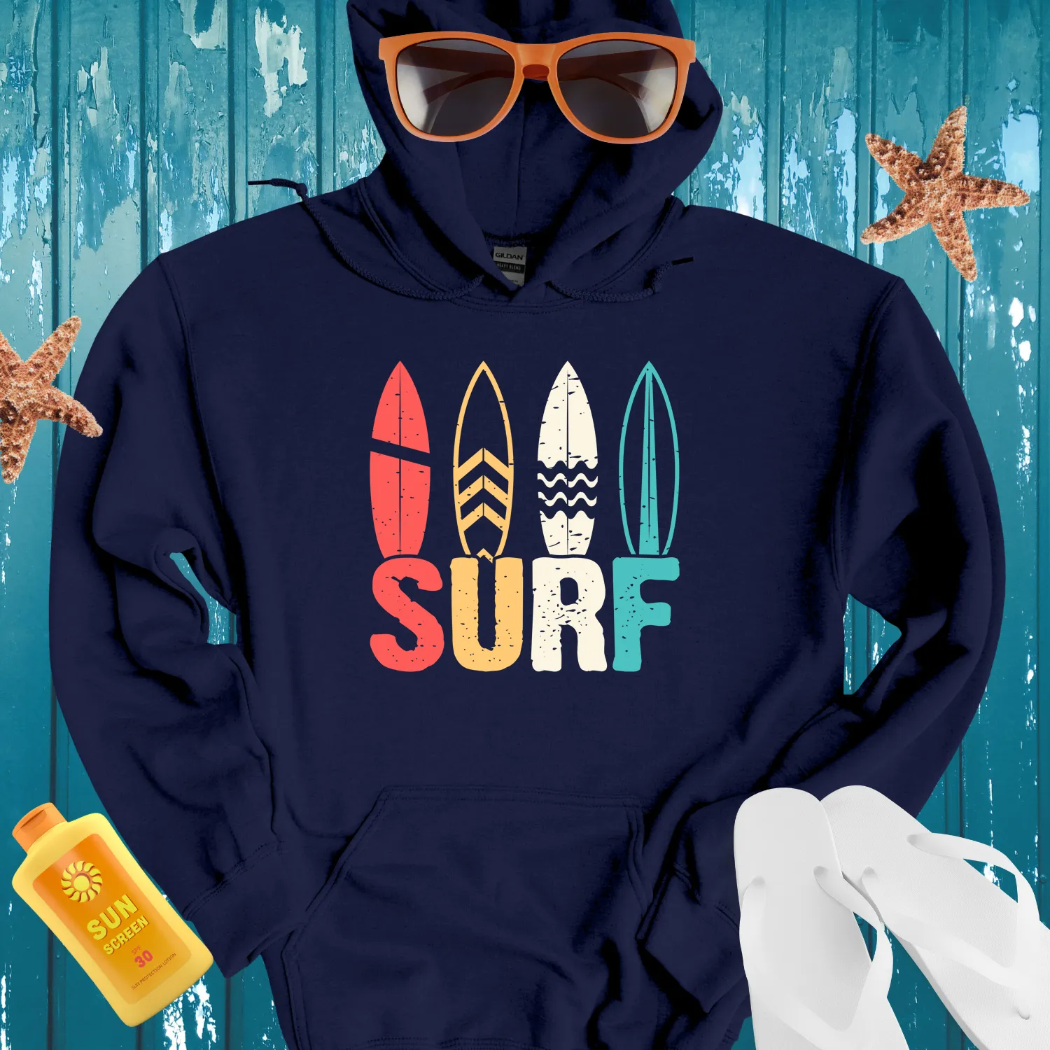Vintage Surfboard Pattern Hoodie For Beach Lovers