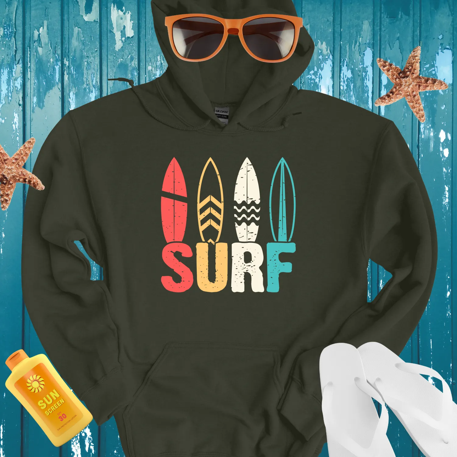 Vintage Surfboard Pattern Hoodie For Beach Lovers