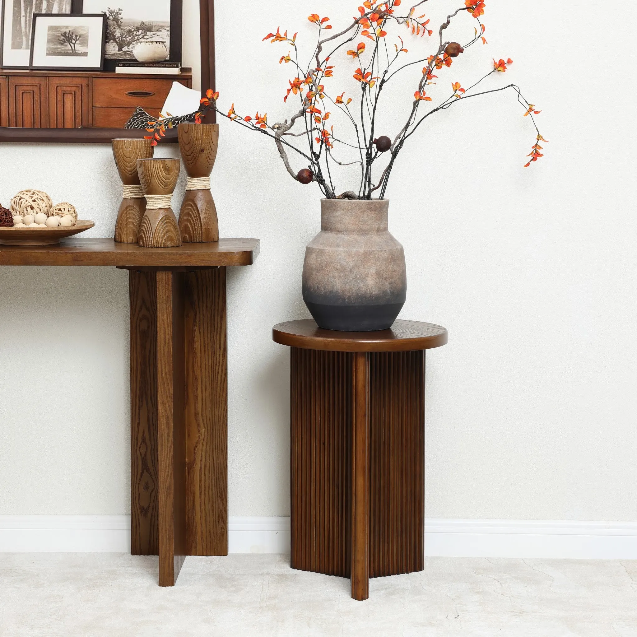 Walnut finish round wood side table