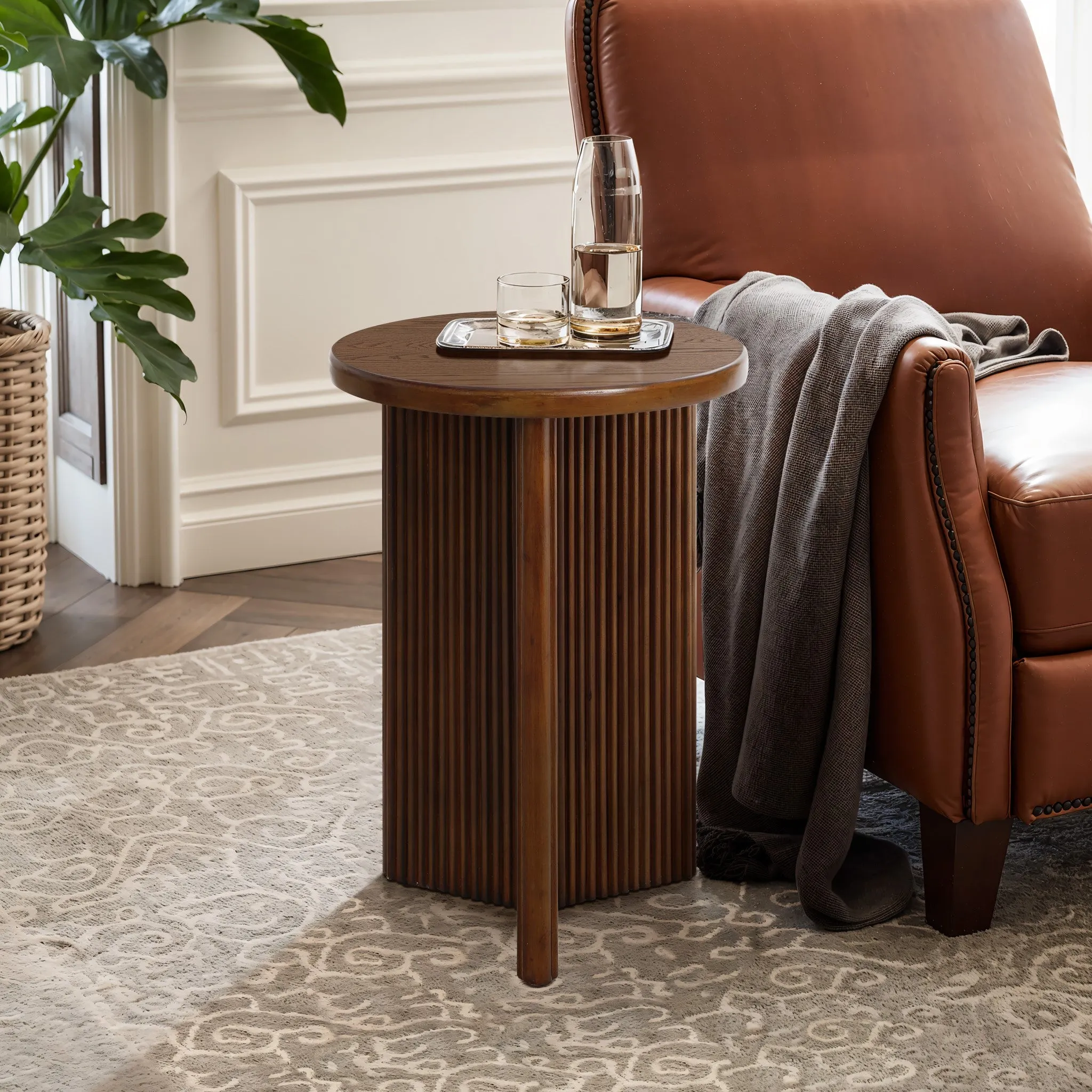 Walnut finish round wood side table
