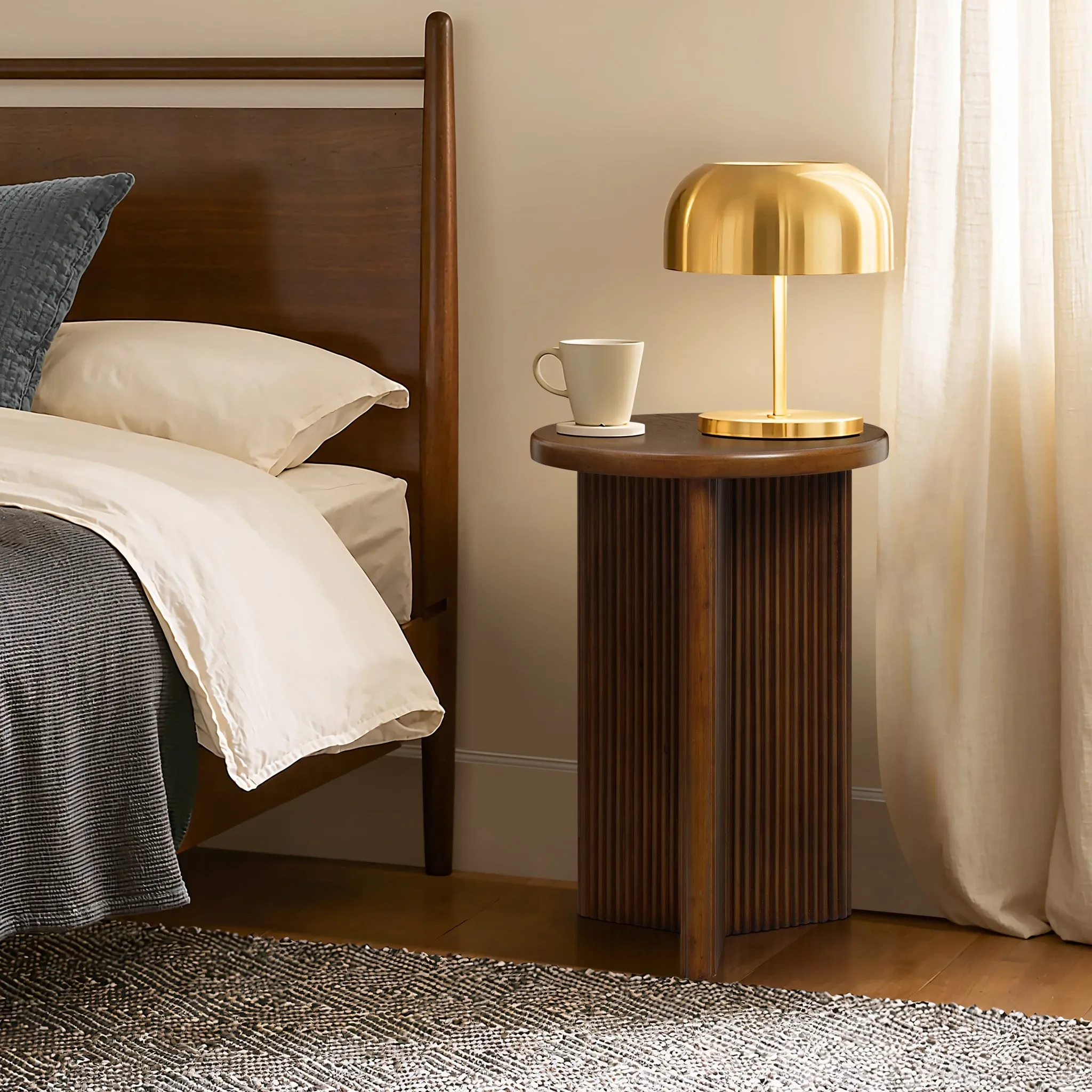 Walnut finish round wood side table