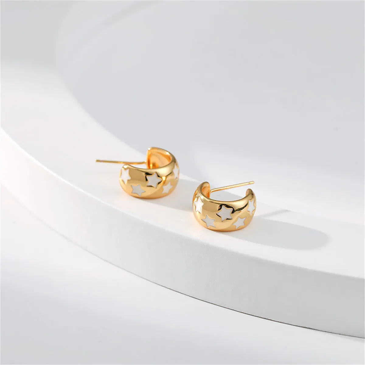 White Enamel & 18K Gold-Plated Stars Huggie Earring