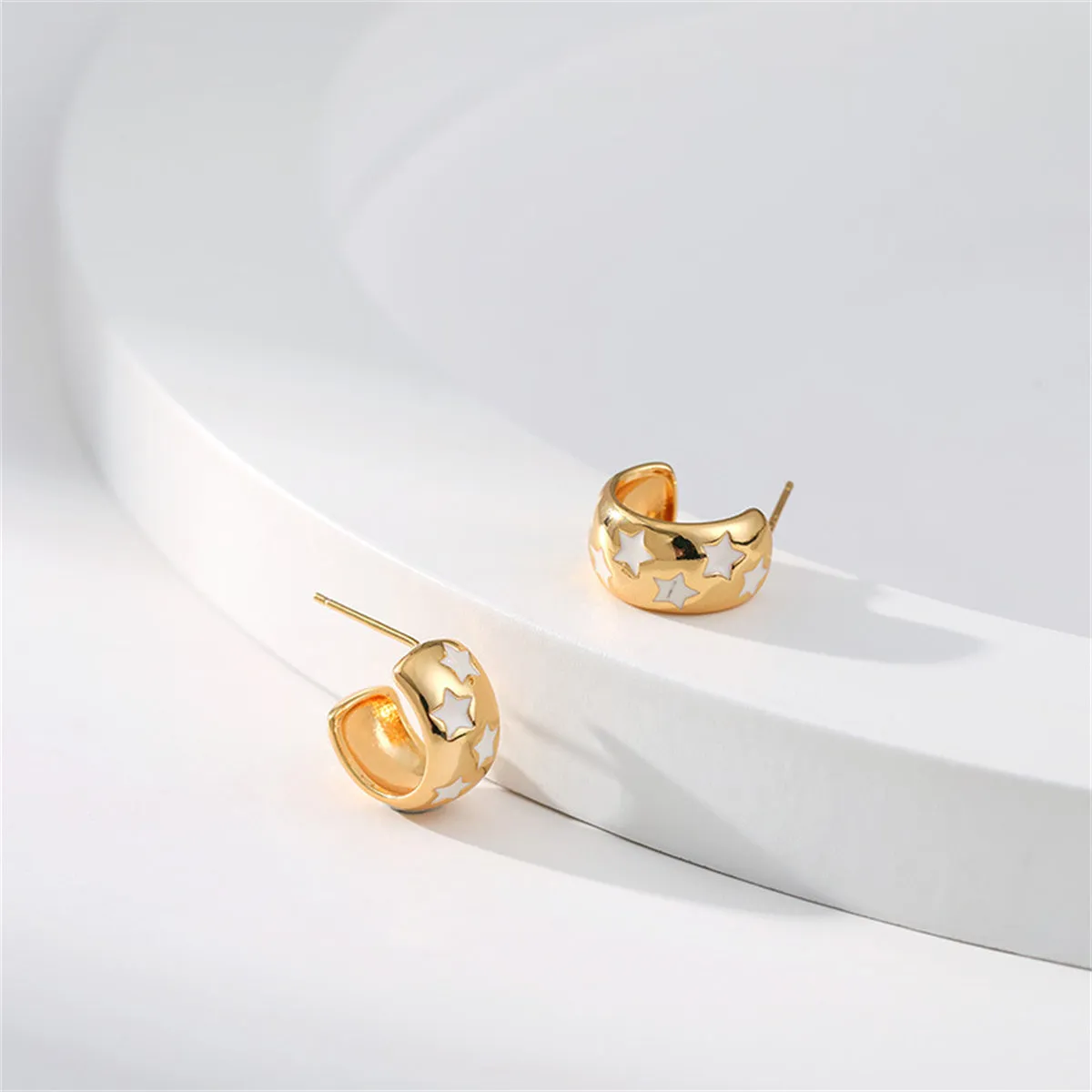 White Enamel & 18K Gold-Plated Stars Huggie Earring