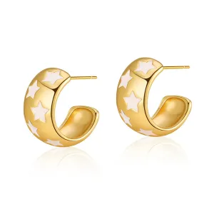 White Enamel & 18K Gold-Plated Stars Huggie Earring