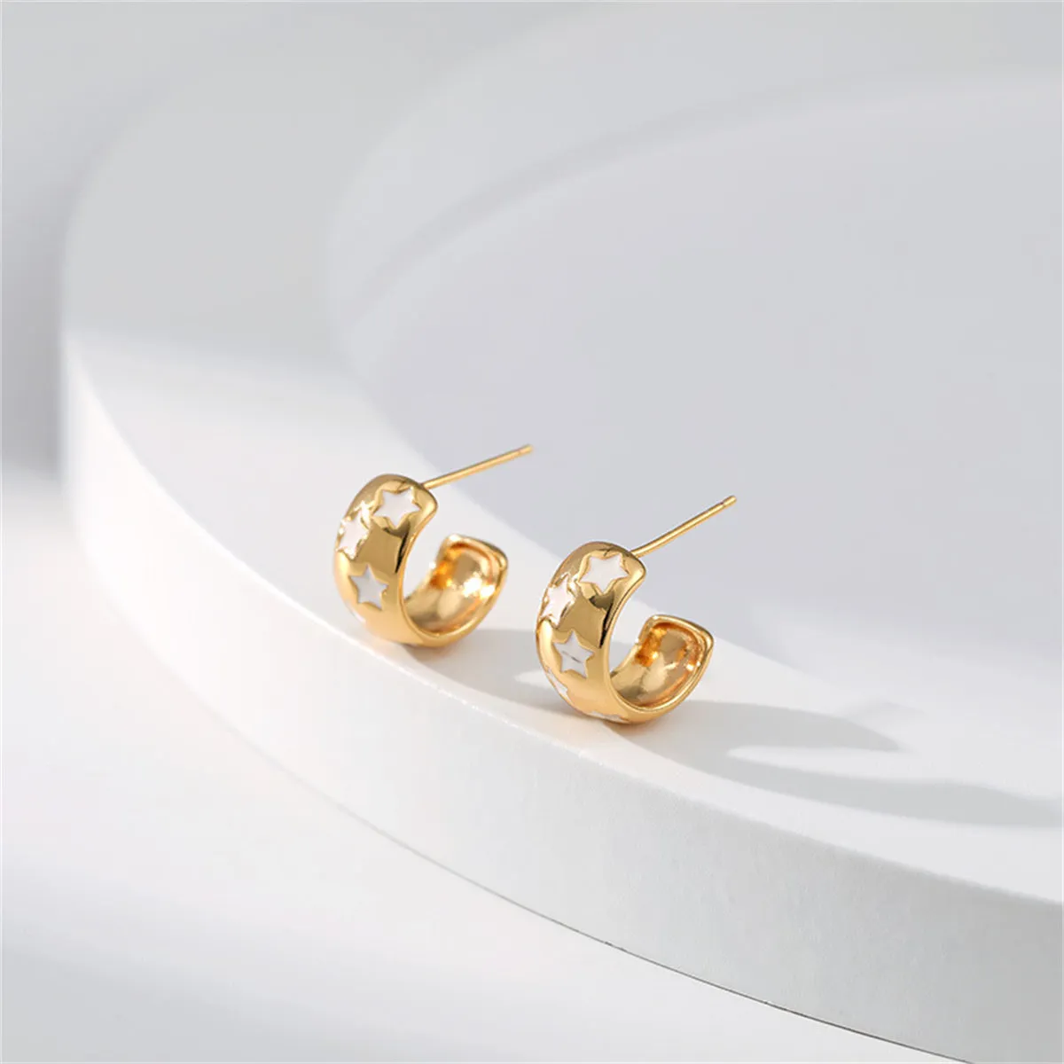 White Enamel & 18K Gold-Plated Stars Huggie Earring