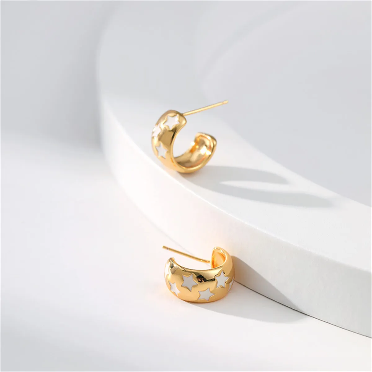 White Enamel & 18K Gold-Plated Stars Huggie Earring