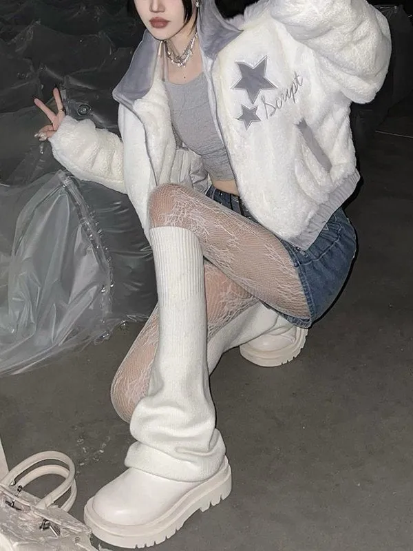 White Y2K retro fleece jacket with star embroidery