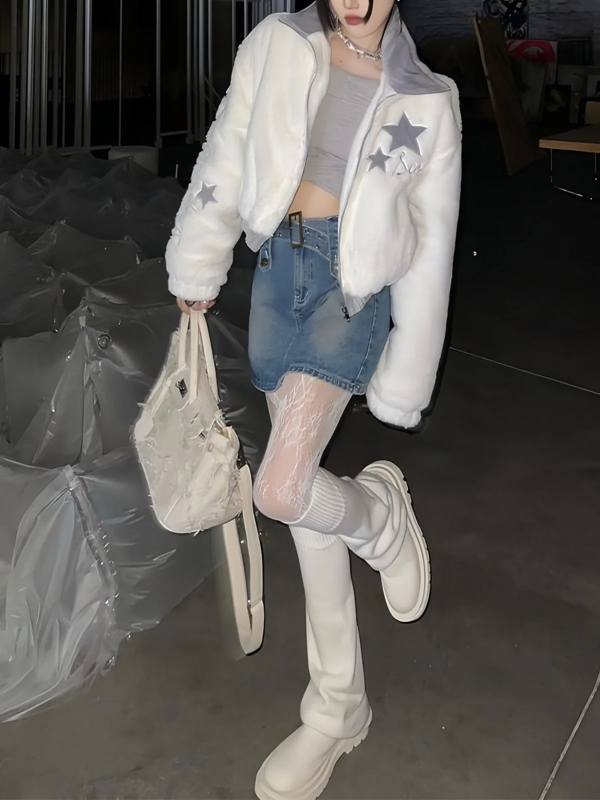 White Y2K retro fleece jacket with star embroidery