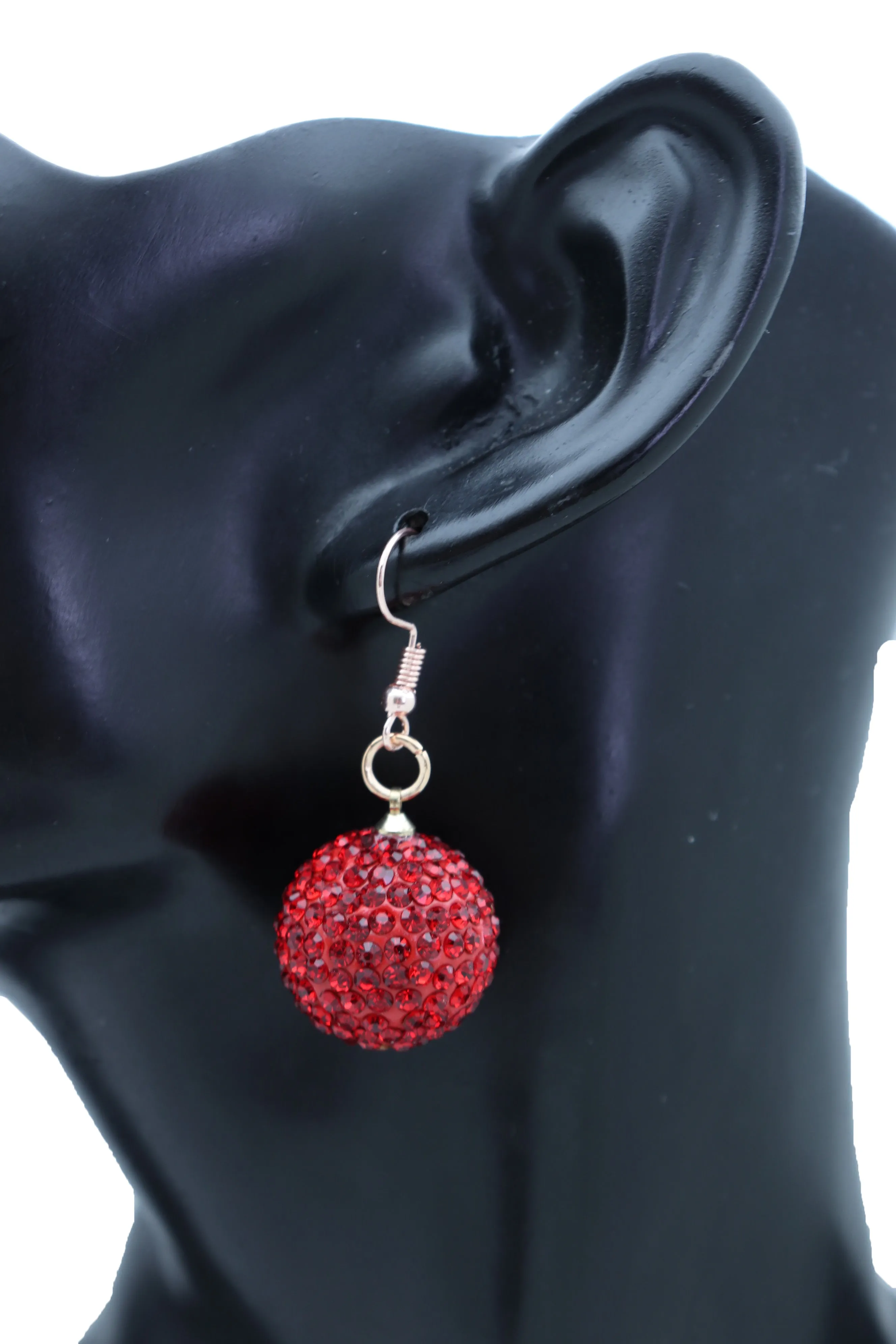 Women Earrings Set Hook 80's Disco Mini Hot Red Color Bling Ball Night Club Stylish Look