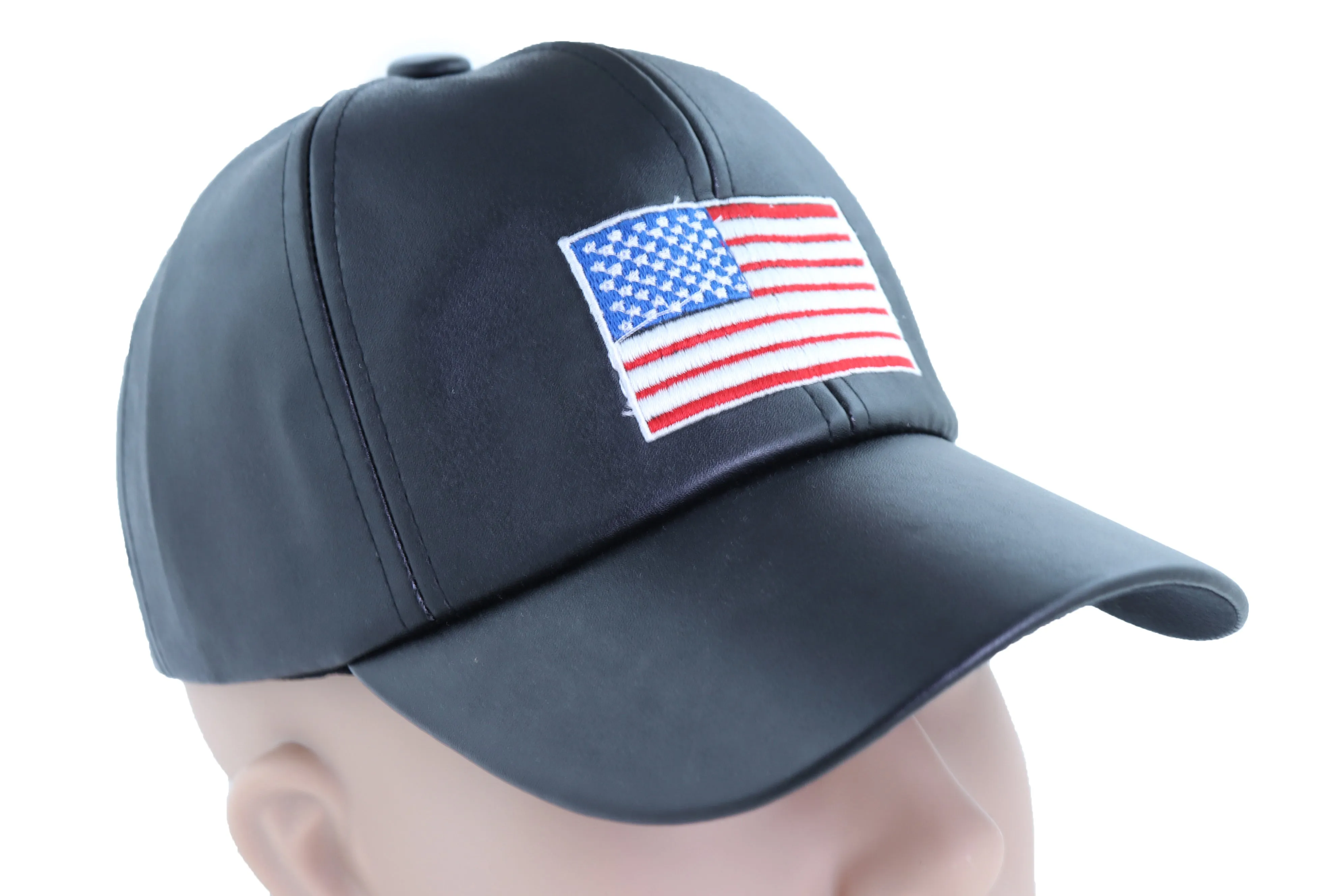 Women Men Baseball Cap Hat Black Faux Leather Fabric Casual Fashion USA Flag