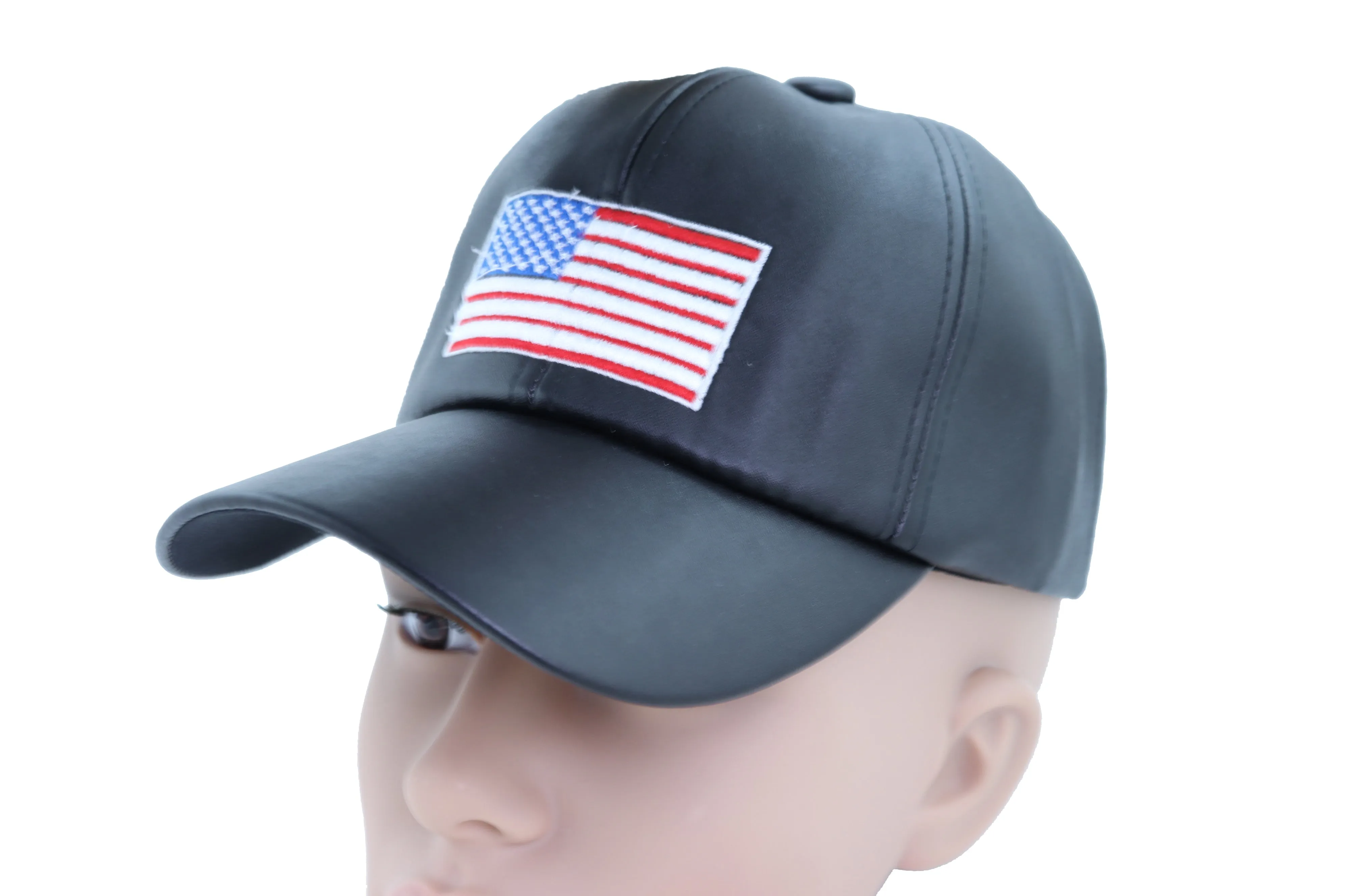 Women Men Baseball Cap Hat Black Faux Leather Fabric Casual Fashion USA Flag