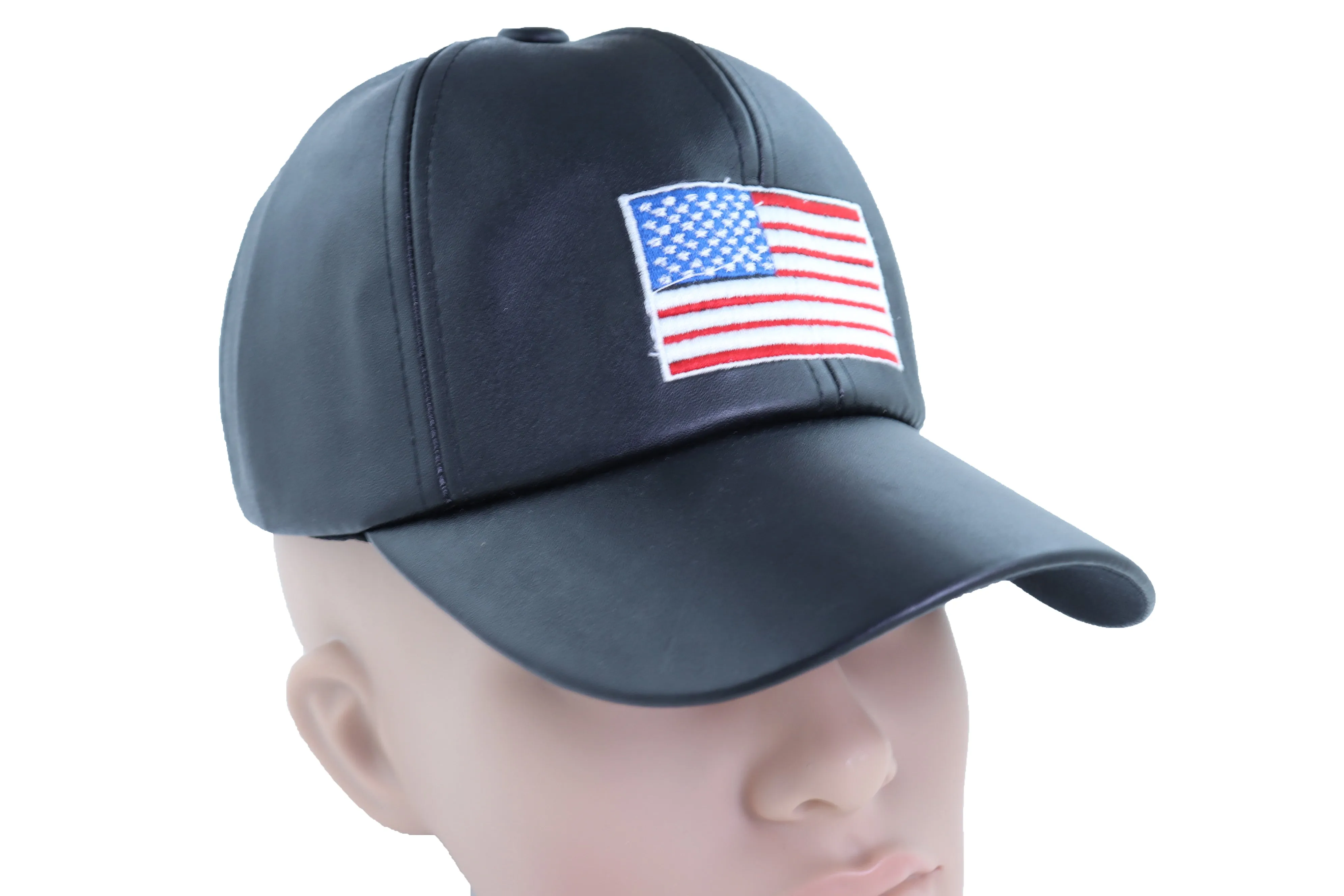 Women Men Baseball Cap Hat Black Faux Leather Fabric Casual Fashion USA Flag