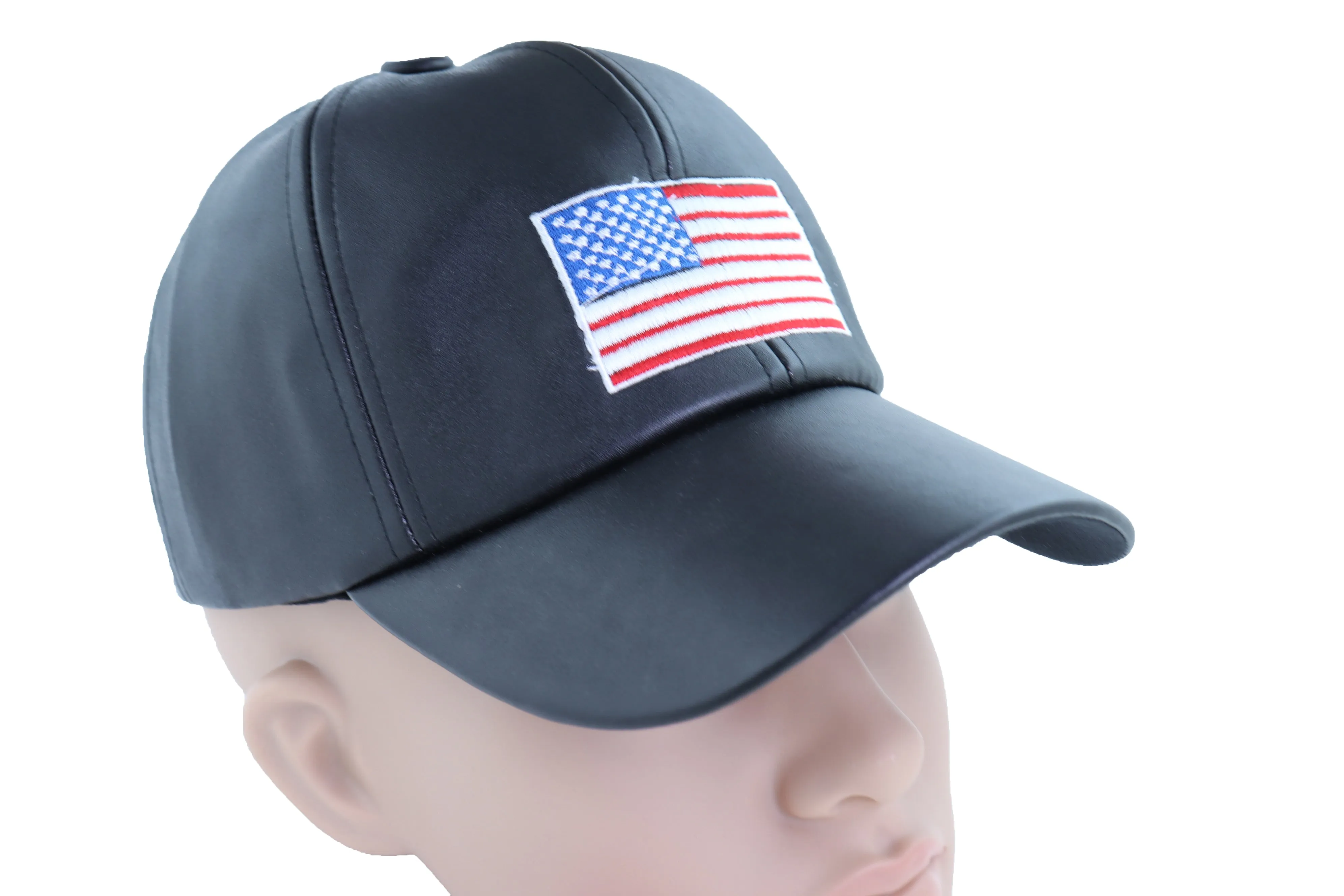 Women Men Baseball Cap Hat Black Faux Leather Fabric Casual Fashion USA Flag