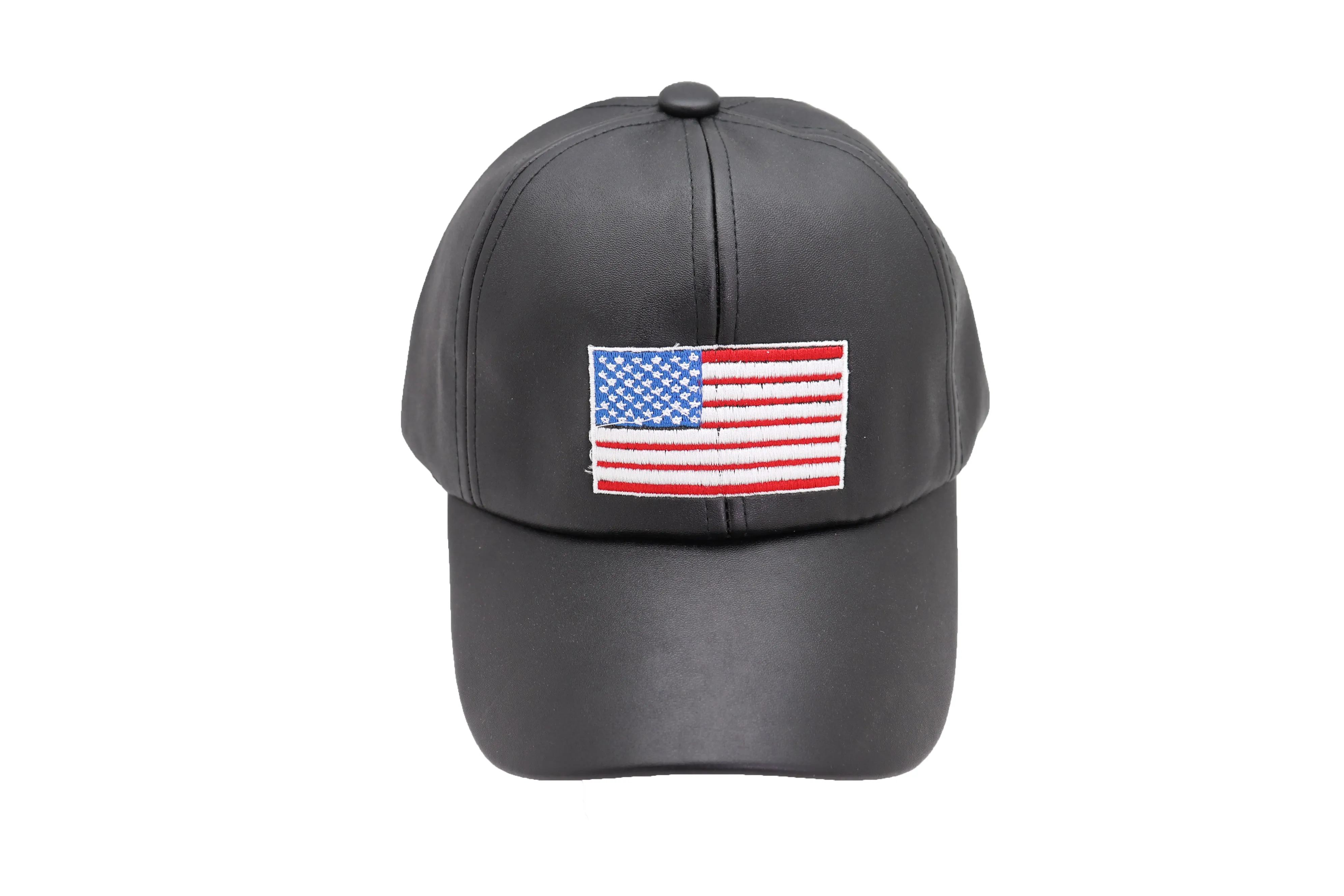 Women Men Baseball Cap Hat Black Faux Leather Fabric Casual Fashion USA Flag