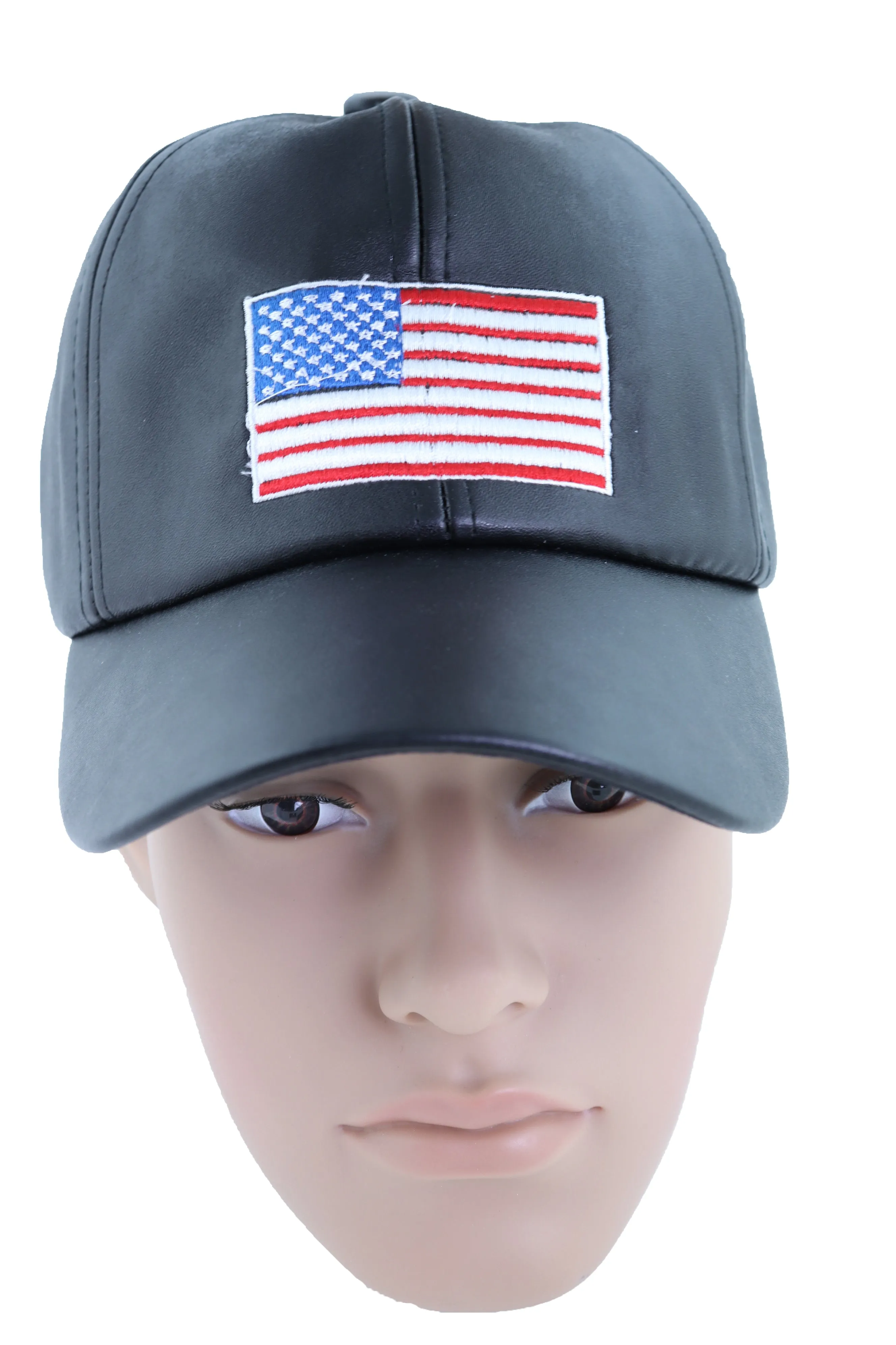 Women Men Baseball Cap Hat Black Faux Leather Fabric Casual Fashion USA Flag