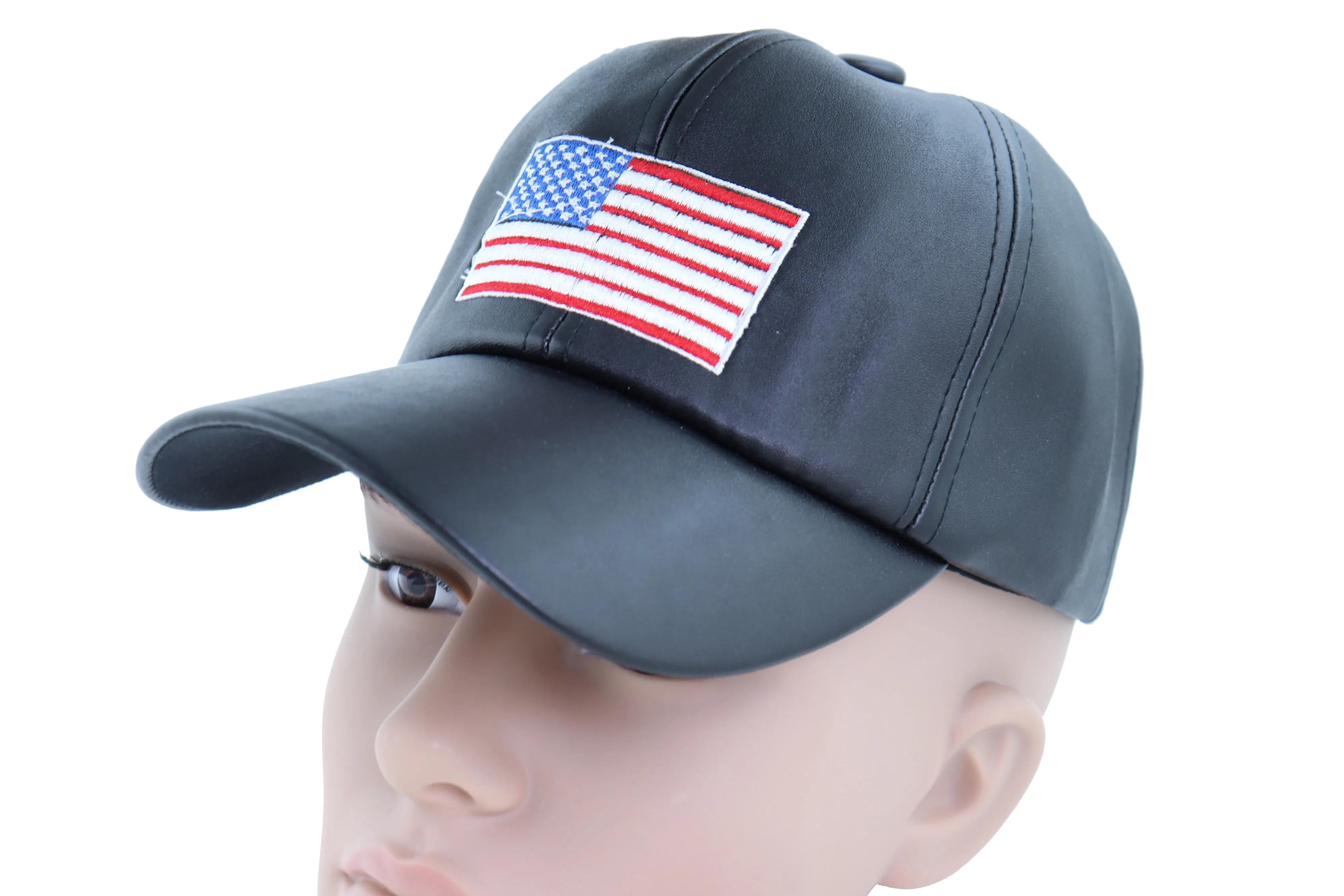 Women Men Baseball Cap Hat Black Faux Leather Fabric Casual Fashion USA Flag
