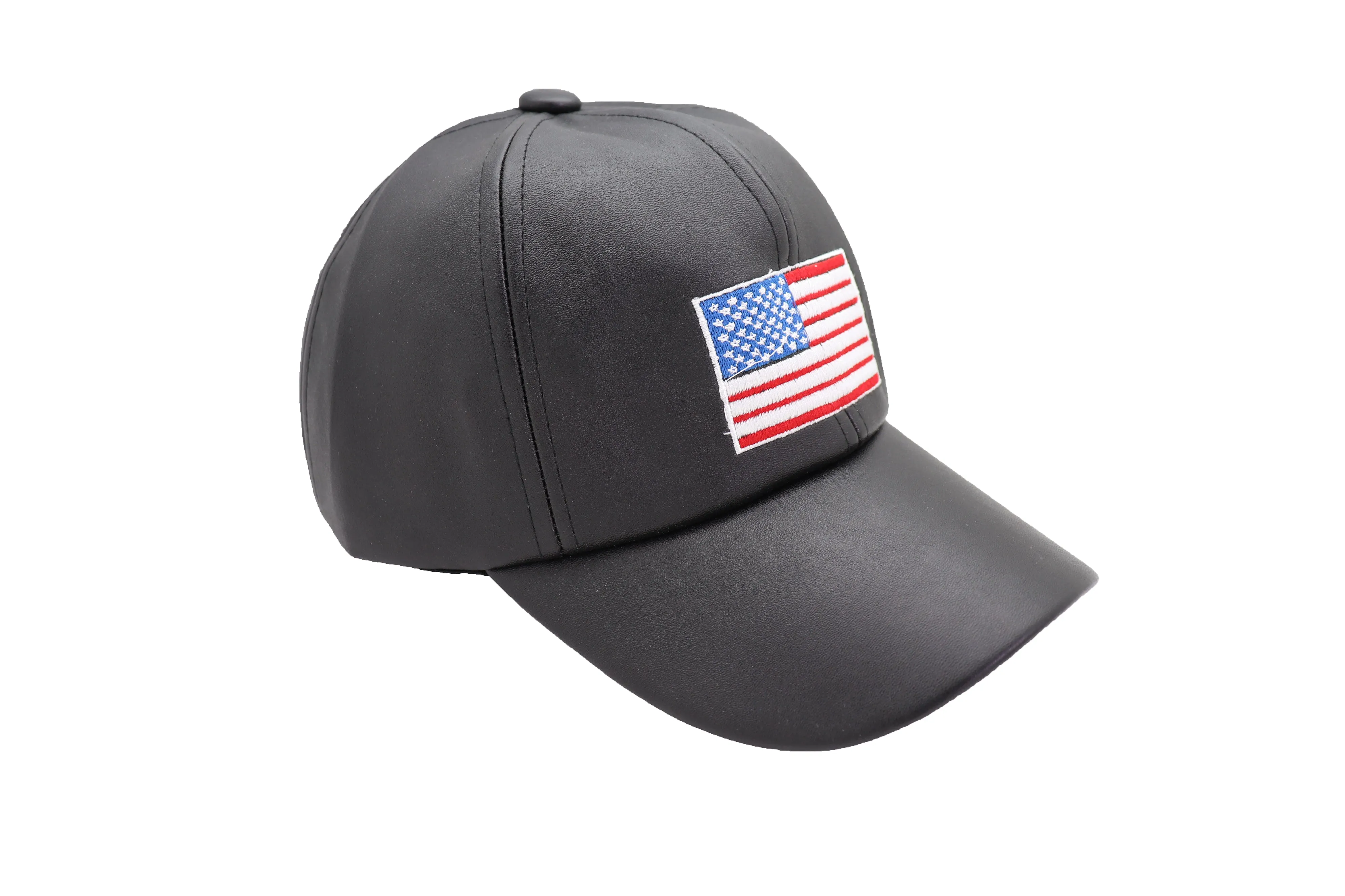 Women Men Baseball Cap Hat Black Faux Leather Fabric Casual Fashion USA Flag