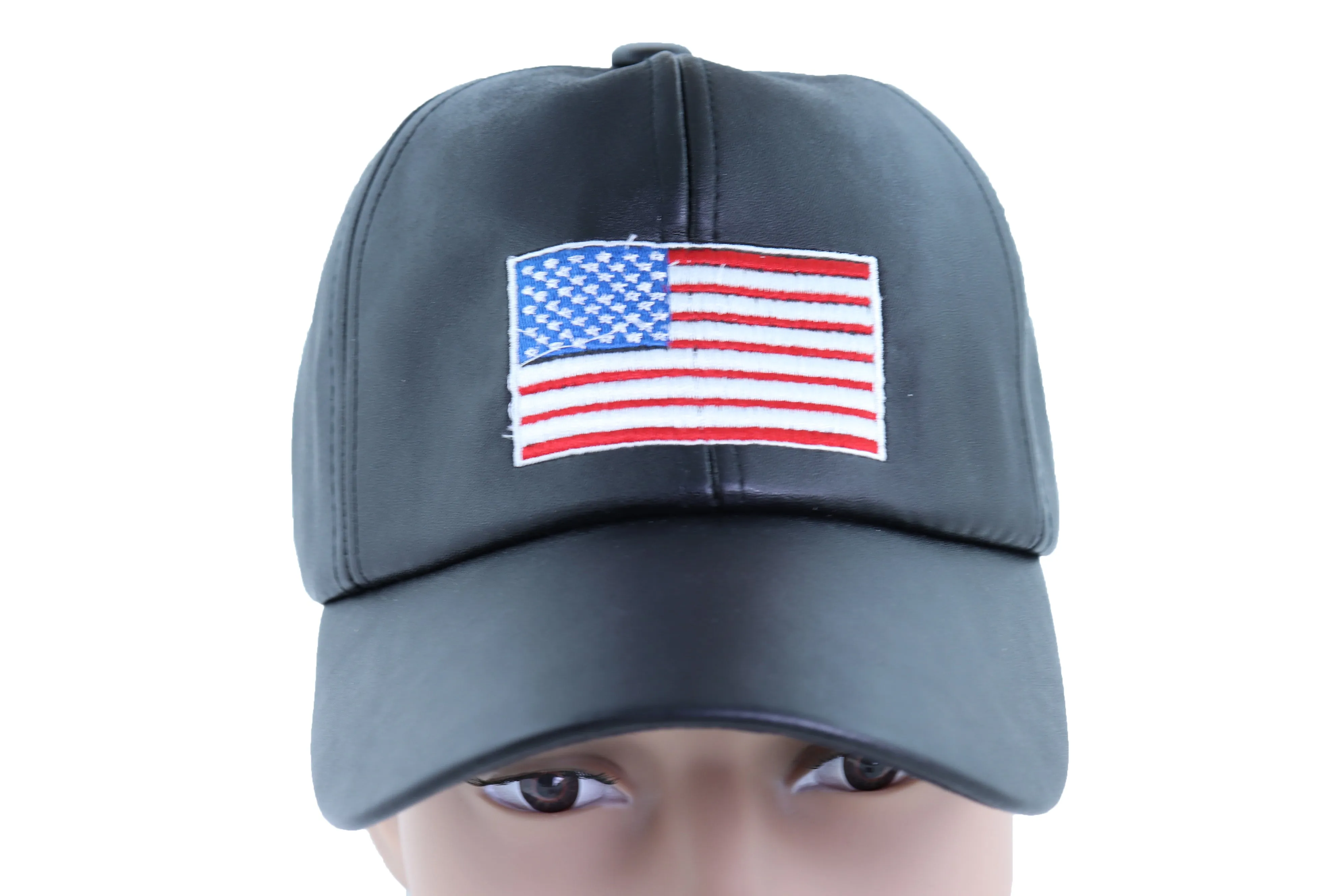 Women Men Baseball Cap Hat Black Faux Leather Fabric Casual Fashion USA Flag