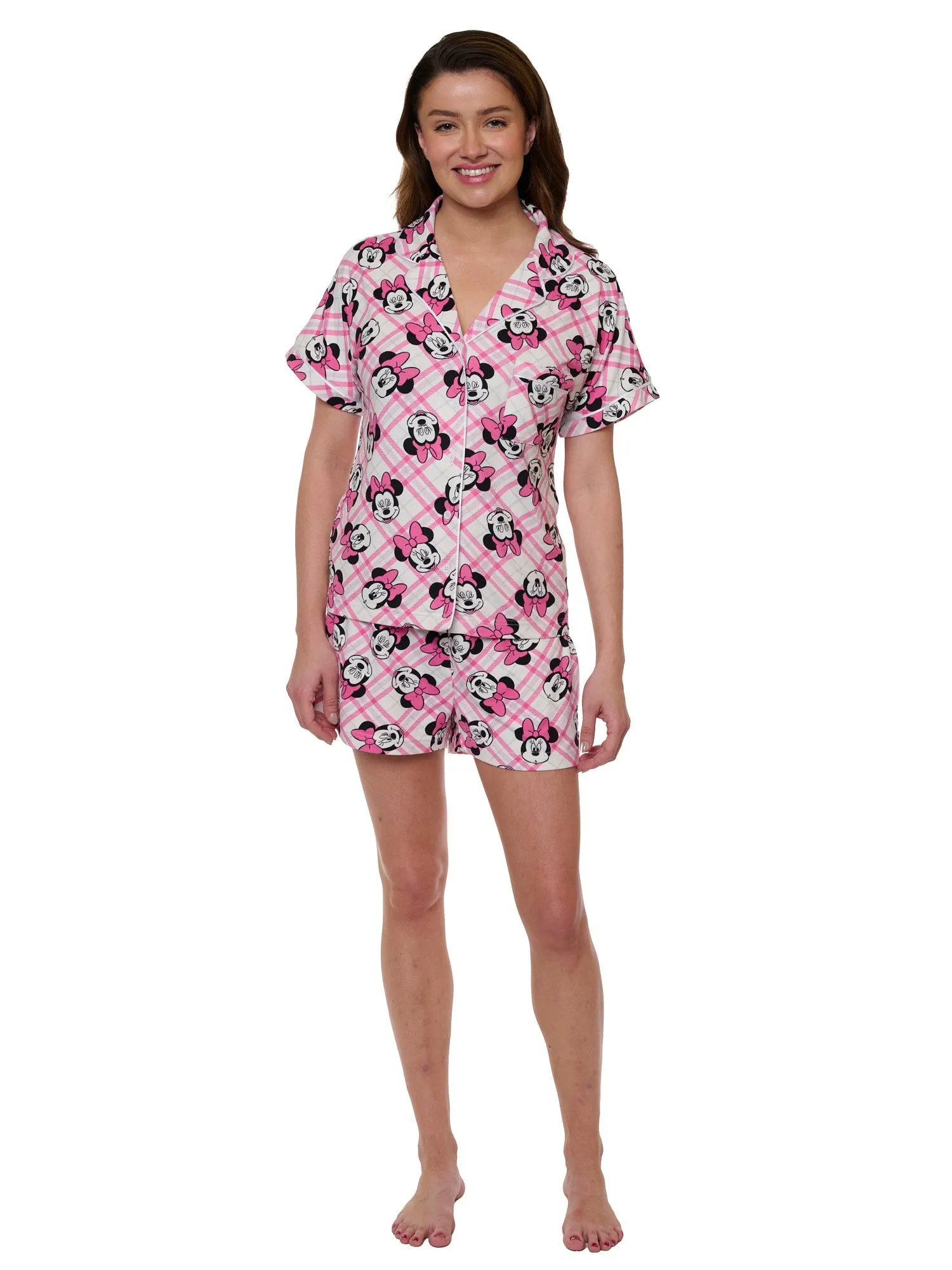 Women's Disney Minnie Mouse 2-Piece Pajama Set Button Shirt Shorts Super Soft