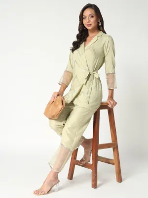 Women's Foil Printed Long Overlap Collared Top With Matching Solid Stylish Pant Set