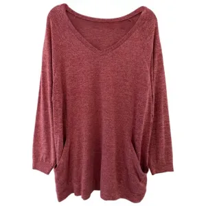 Women’s Plus Size Light Red V-Neck Sweater with Pockets