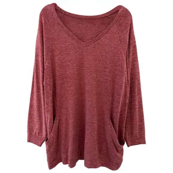 Women’s Plus Size Light Red V-Neck Sweater with Pockets