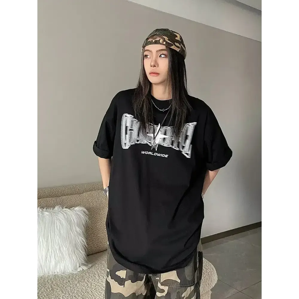 Y2K Drop Shoulder Crew Neck Tee with Unique Prints for Summer Style