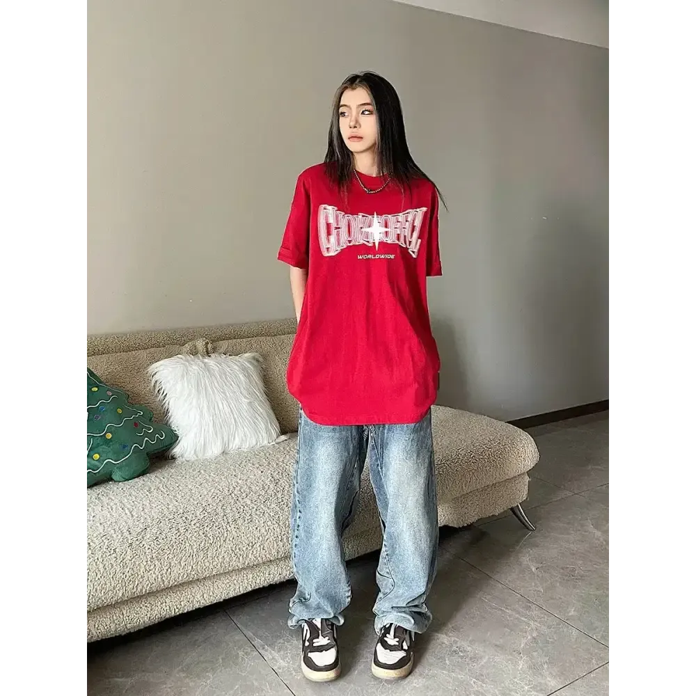 Y2K Drop Shoulder Crew Neck Tee with Unique Prints for Summer Style