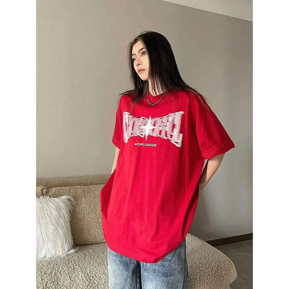 Y2K Drop Shoulder Crew Neck Tee with Unique Prints for Summer Style