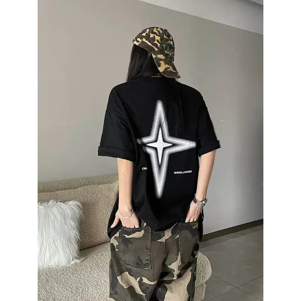 Y2K Drop Shoulder Crew Neck Tee with Unique Prints for Summer Style