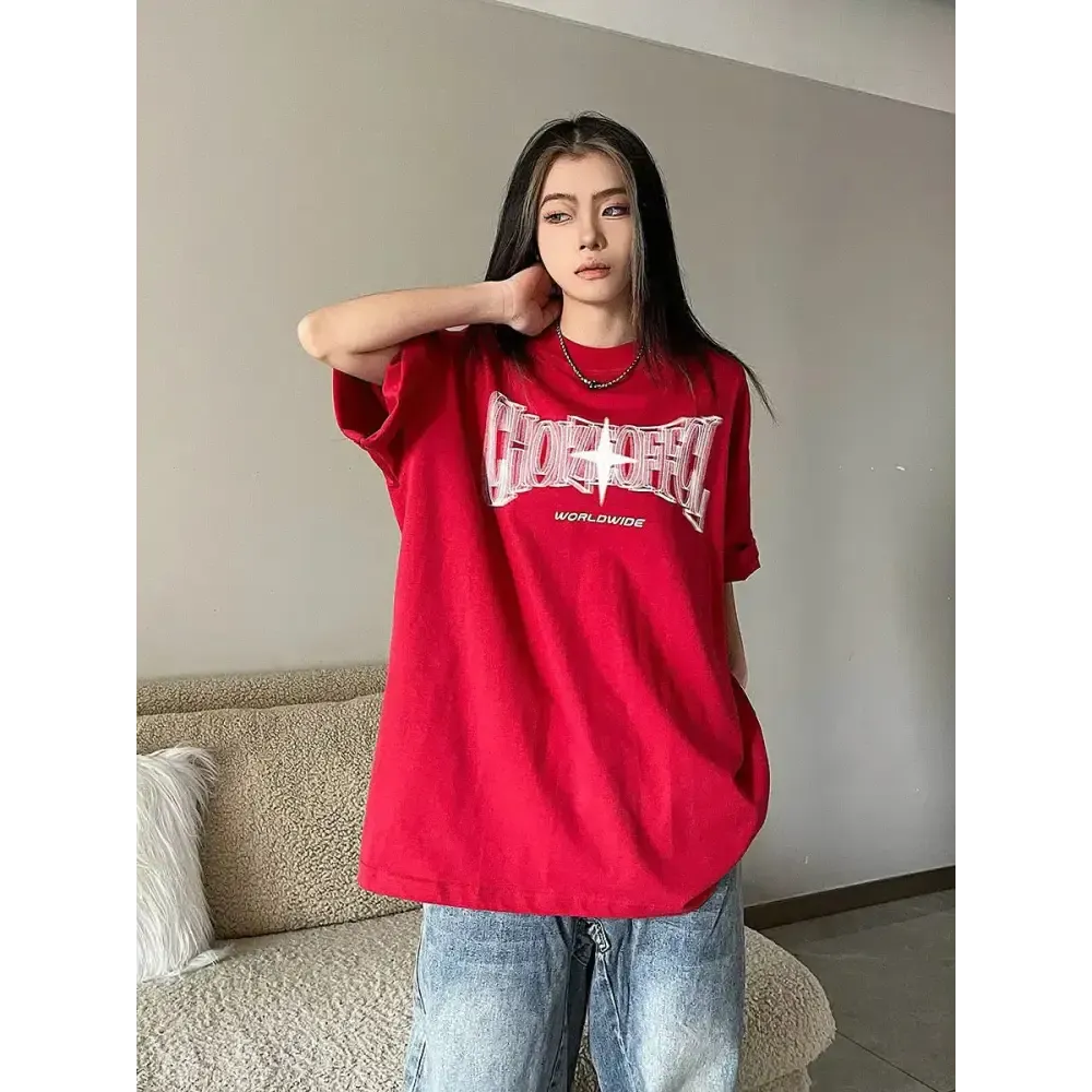 Y2K Drop Shoulder Crew Neck Tee with Unique Prints for Summer Style