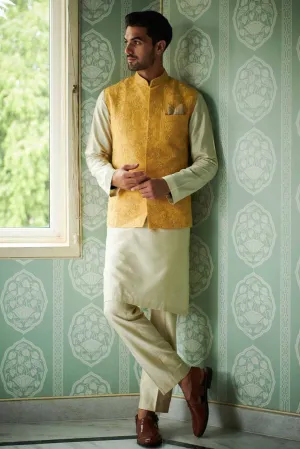 YELLOW RAWSILK THREAD AND BEAD EMBROIDERED BANDI SET