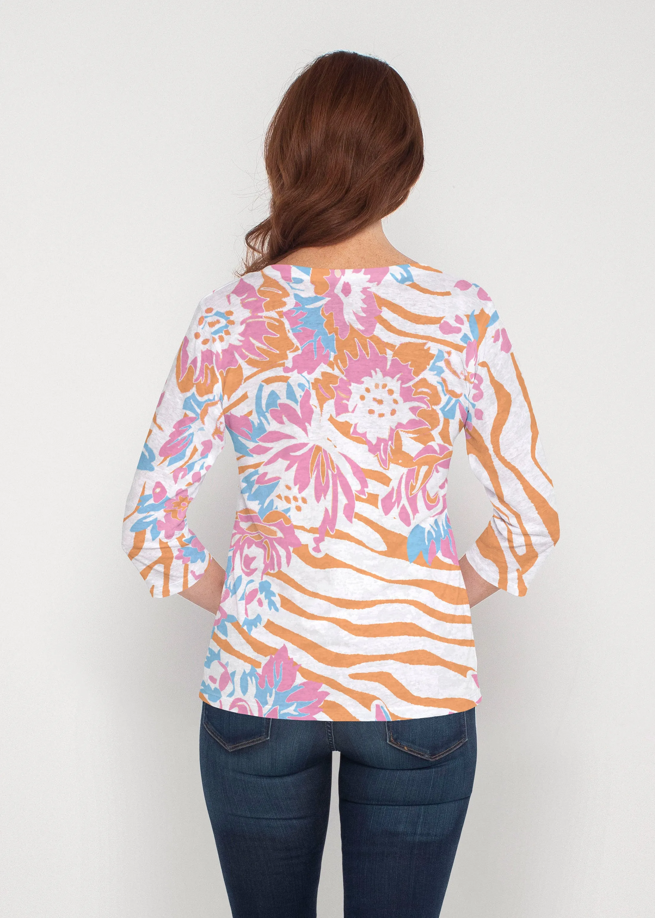 Zebra Posy Orange (8119) ~ Signature 3/4 Sleeve V-Neck Top