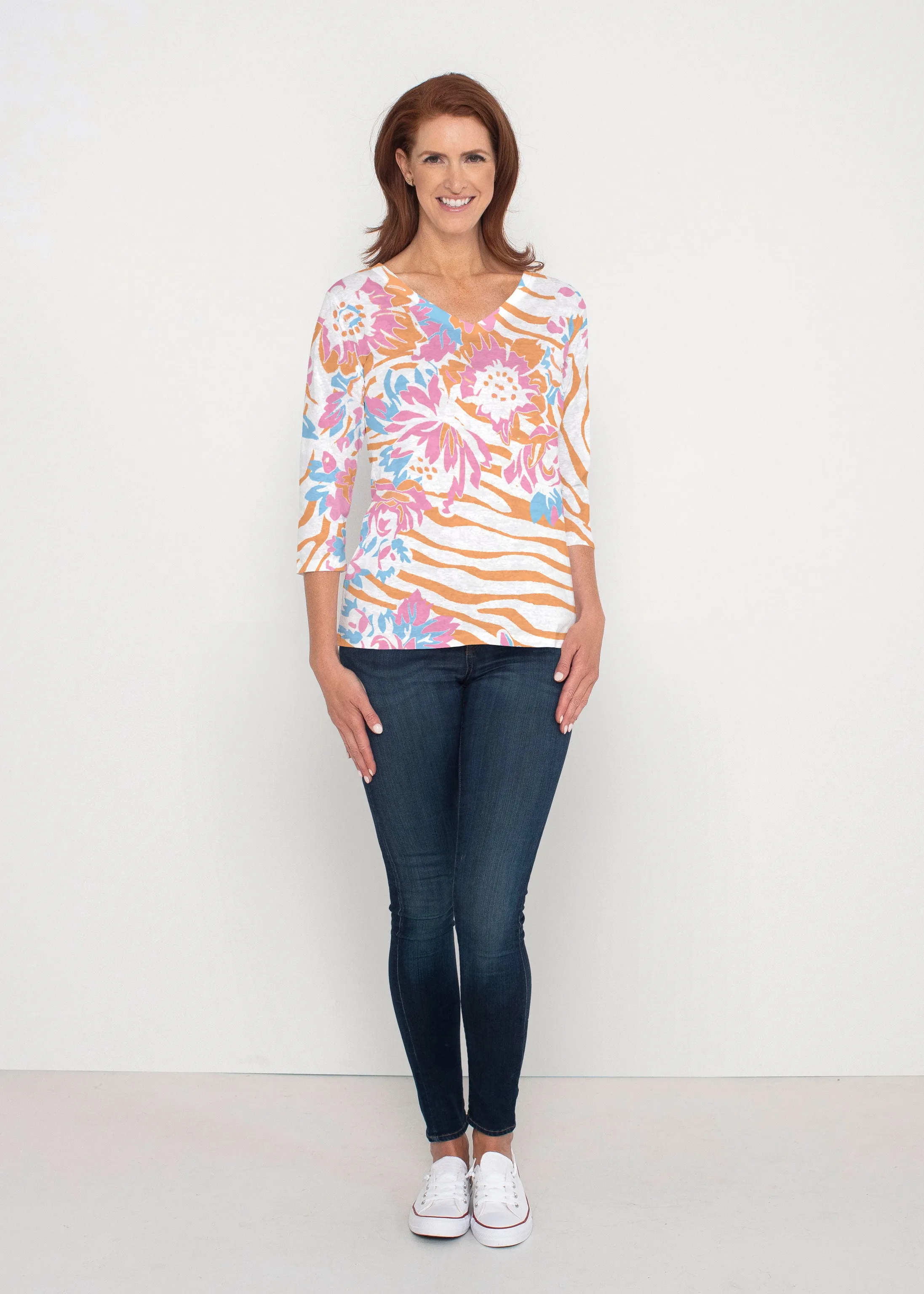 Zebra Posy Orange (8119) ~ Signature 3/4 Sleeve V-Neck Top
