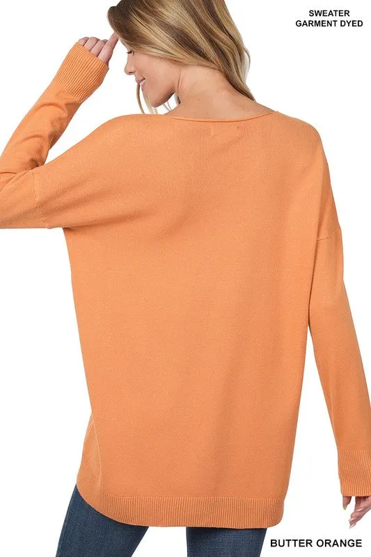 ZENANA Hi-Low Garment Dyed V-Neck Front Seam Sweater