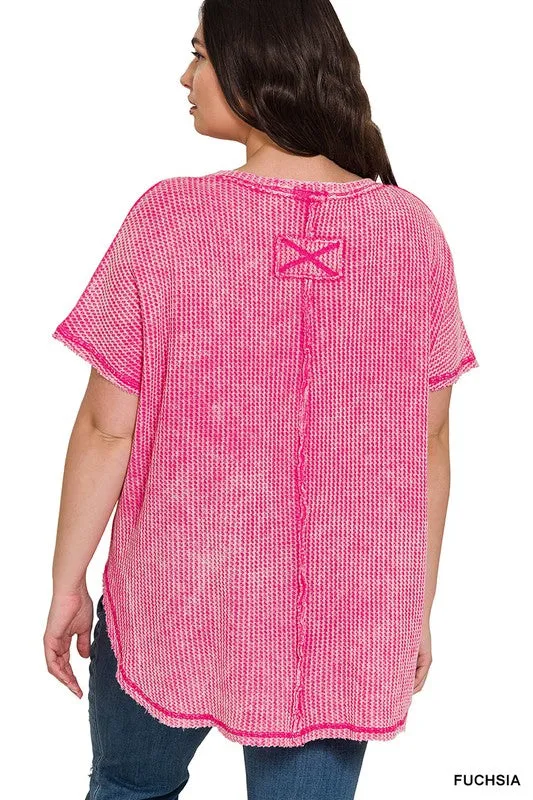 ZENANA Plus Washed Baby Waffle Short Sleeve Top