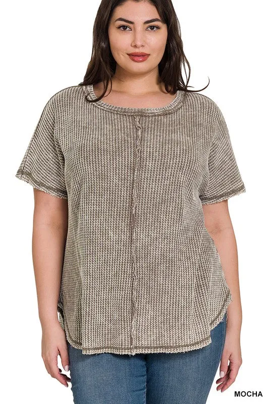 ZENANA Plus Washed Baby Waffle Short Sleeve Top