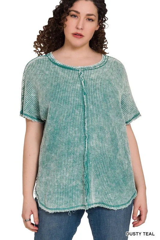ZENANA Plus Washed Baby Waffle Short Sleeve Top