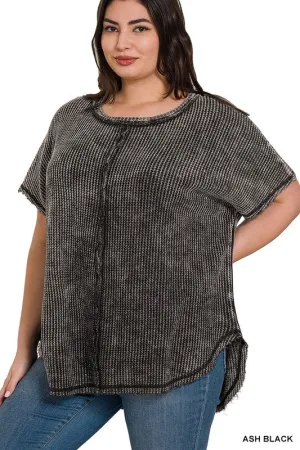 ZENANA Plus Washed Baby Waffle Short Sleeve Top