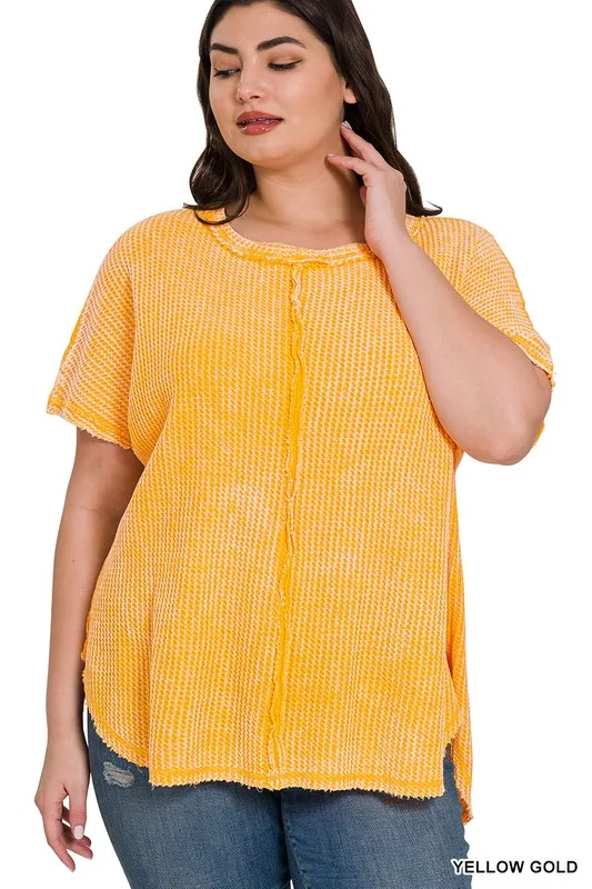 ZENANA Plus Washed Baby Waffle Short Sleeve Top