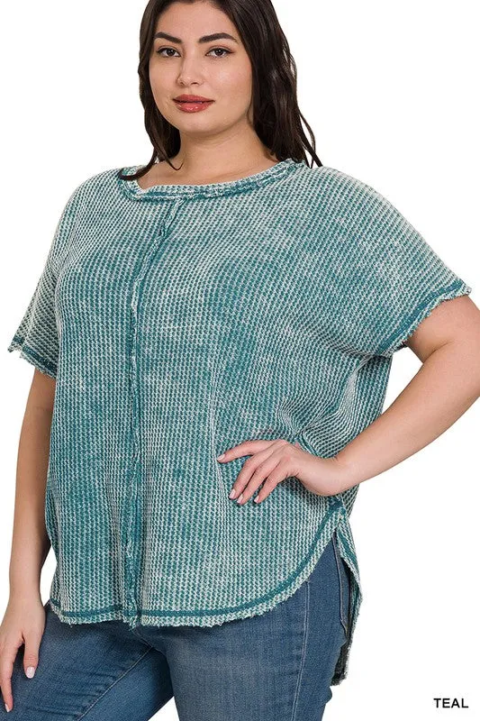 ZENANA Plus Washed Baby Waffle Short Sleeve Top