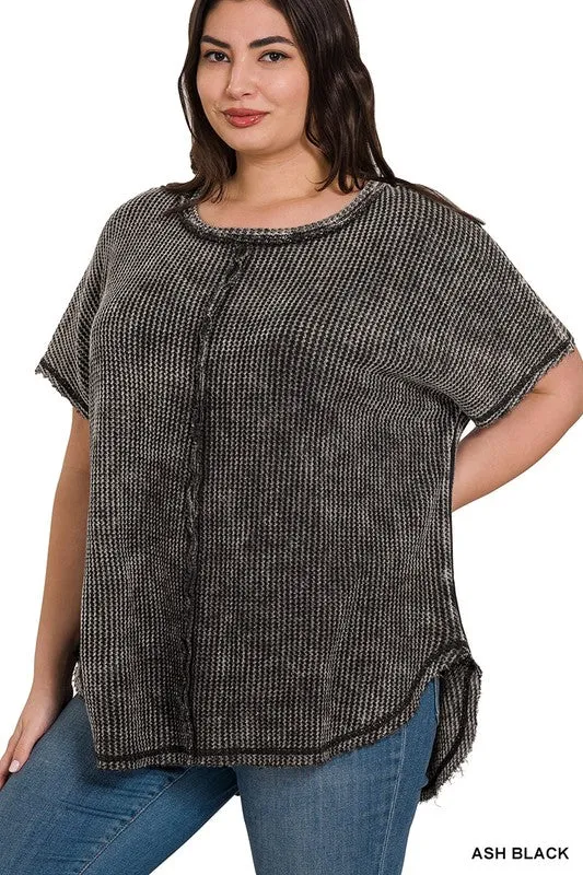 ZENANA Plus Washed Baby Waffle Short Sleeve Top